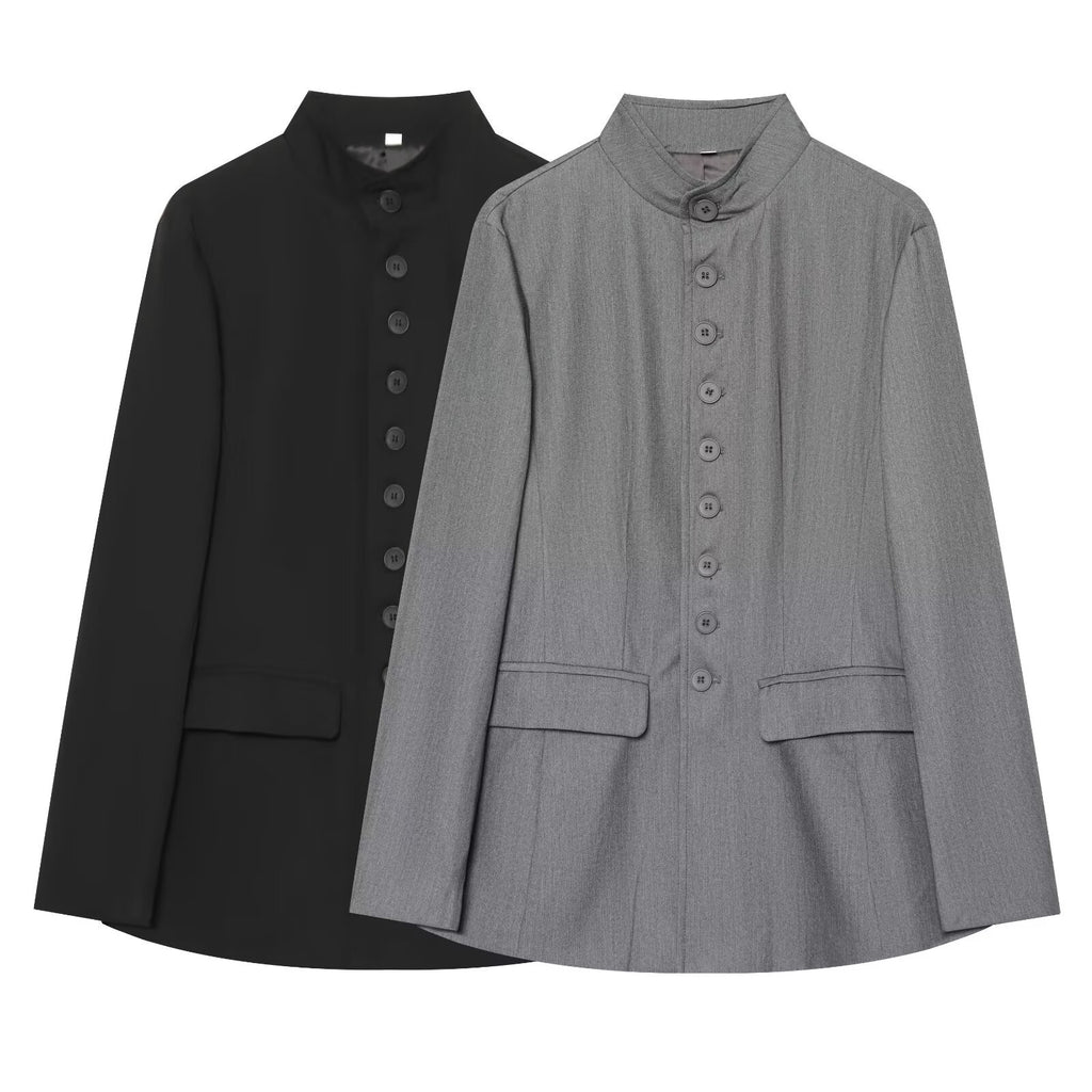 Women's Long Cut Blazer with Stand-up Collar and Full Length Button Placket Fashion Glam