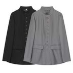 Women's Long Cut Blazer with Stand-up Collar and Full Length Button Placket Fashion Glam