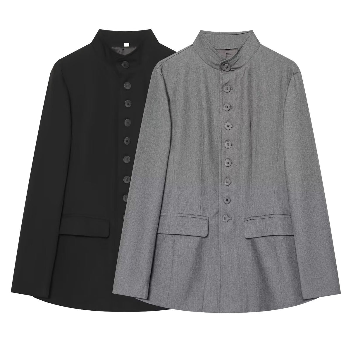 Women's Long Cut Blazer with Stand-up Collar and Full Length Button Placket Fashion Glam