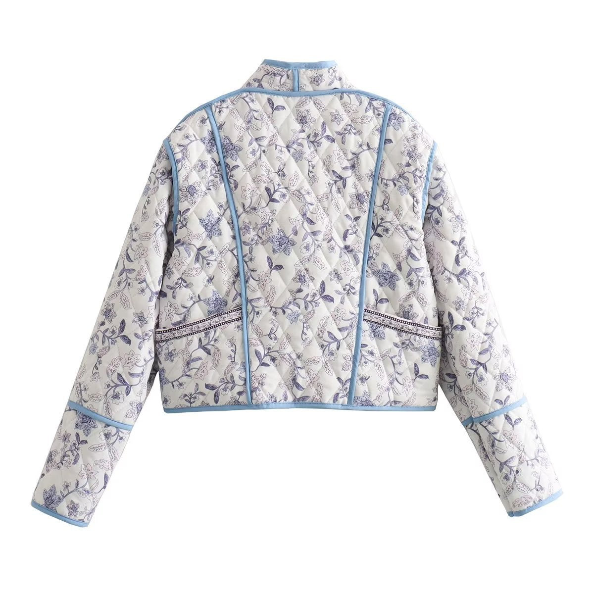 Women's quilted short jacket in kimono style with floral quilted look and contrasting piping Fashion Glam