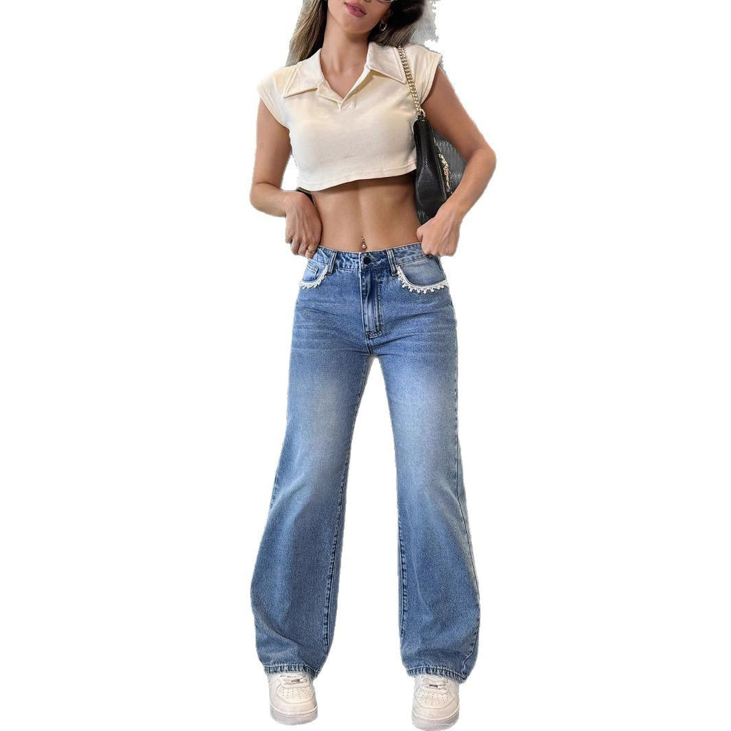 Ladies high-waisted wide jeans pants with straight leg and lace trim Fashion Glam