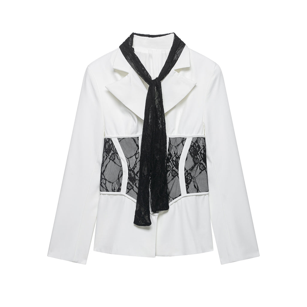 Women Tailored Blazer with Lace Inserts and Integrated Lace Scarf Fashion Glam