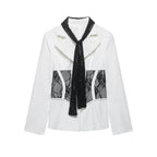 Women Tailored Blazer with Lace Inserts and Integrated Lace Scarf Fashion Glam