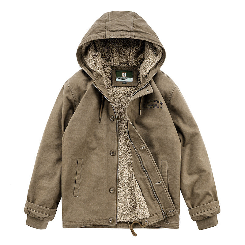 Men's Hooded Canvas Parka with Teddy Fleece Lining and Wind Protection Placket Fashion Glam