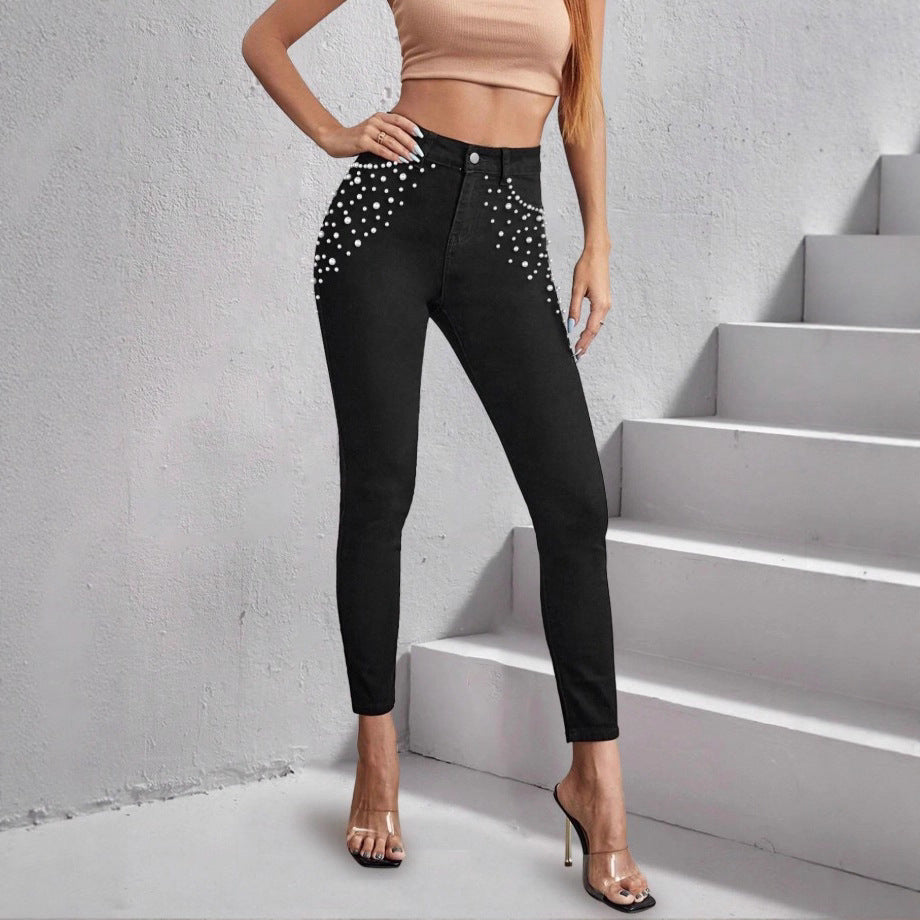 Women High-Waisted Skinny Jeans with Pearl Decoration Fashion Glam