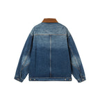Men's Boxy Denim Jacket in Worker Style with Cord Collar and Front Zipper Fashion Glam