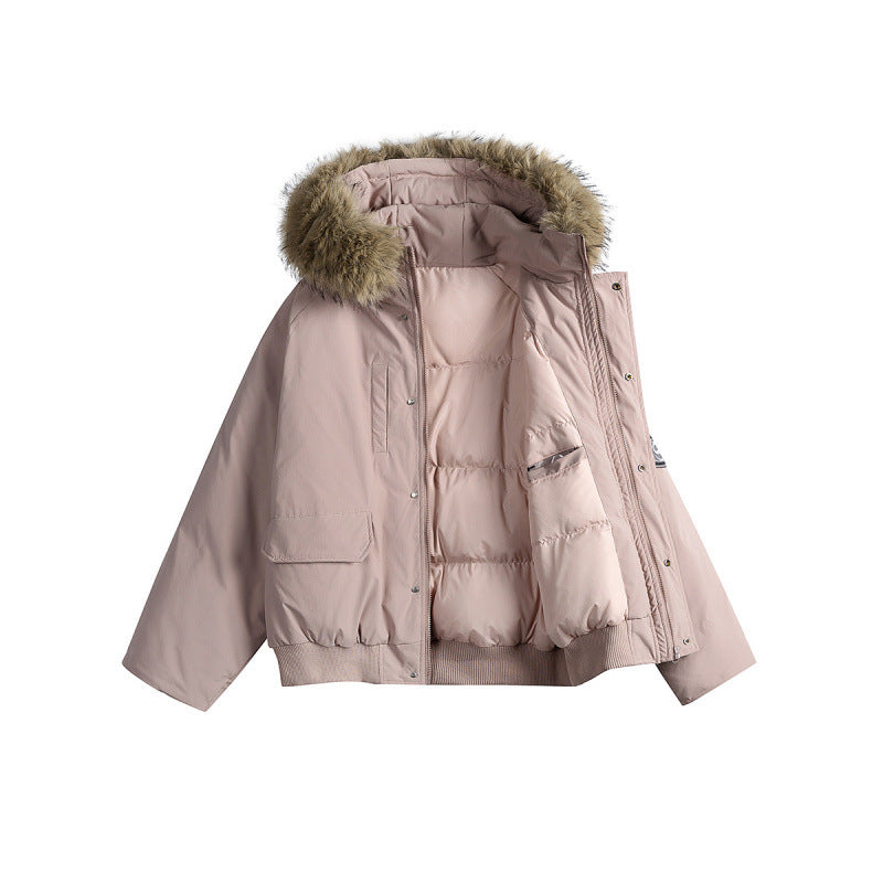 Women's short bomber jacket with thermal padding, hood with removable faux fur and utility pockets Fashion Glam
