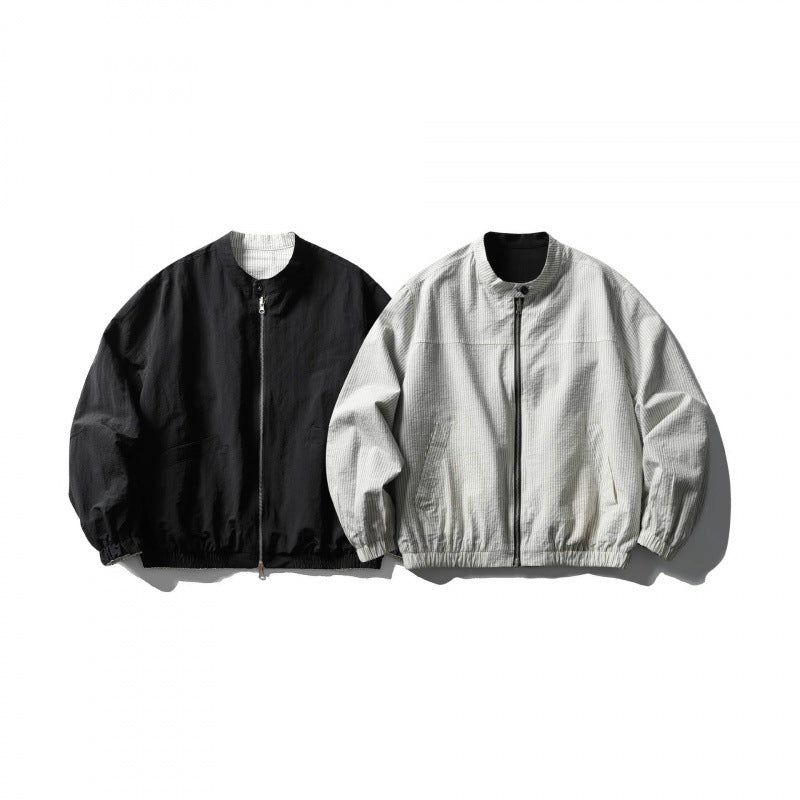 Unisex Light Oversized Bomber Jacket Made of Textured Fabric with Stand-Up Collar and Elastic Hem Fashion Glam
