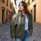 Women's Oversized Faux Leather Bomber Jacket with Elastic Hem, Concealed Snap Placket, and Asymmetric Zipper Pocket Fashion Glam