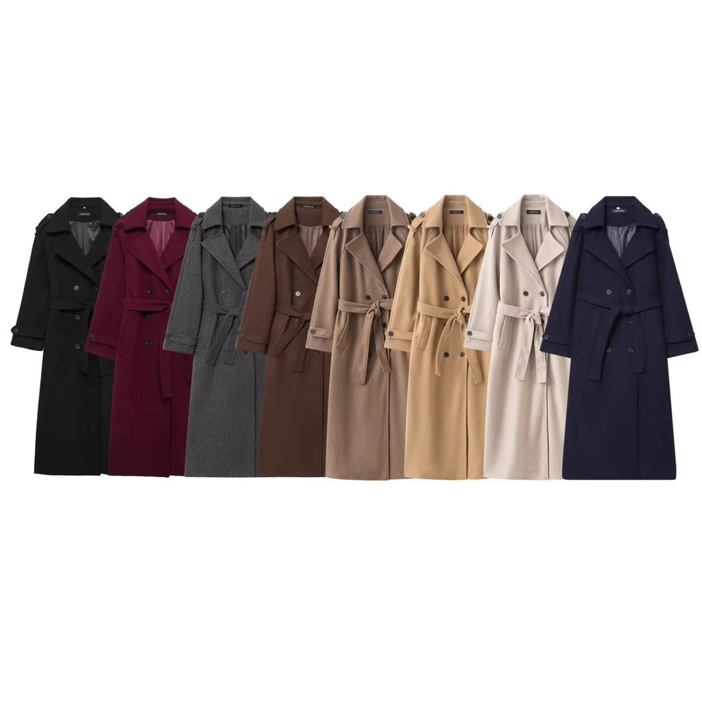 Women's Long Double-Breasted Wool Coat with Waist Belt and Epaulettes Fashion Glam