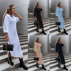 Women's Long Oversized Shirt Dress with Continuous Button Placket, Cuffed Sleeves and Deep Side Slit Fashion Glam