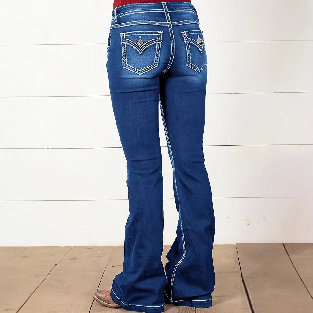 Ladies' Waist-Cinched Bootcut Jeans with Decorative Button Appliqué and Contrast Stitching Fashion Glam