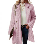 Women's Mid-Length Teddy Coat with Cable Knit Pattern, Notched Collar and Double-Breasted Front Fashion Glam