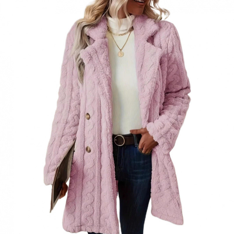 Women's Mid-Length Teddy Coat with Cable Knit Pattern, Notched Collar and Double-Breasted Front Fashion Glam