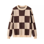 Women's Oversize Knitted Sweater with Distinctive Check Pattern and Ribbed Finishes Fashion Glam