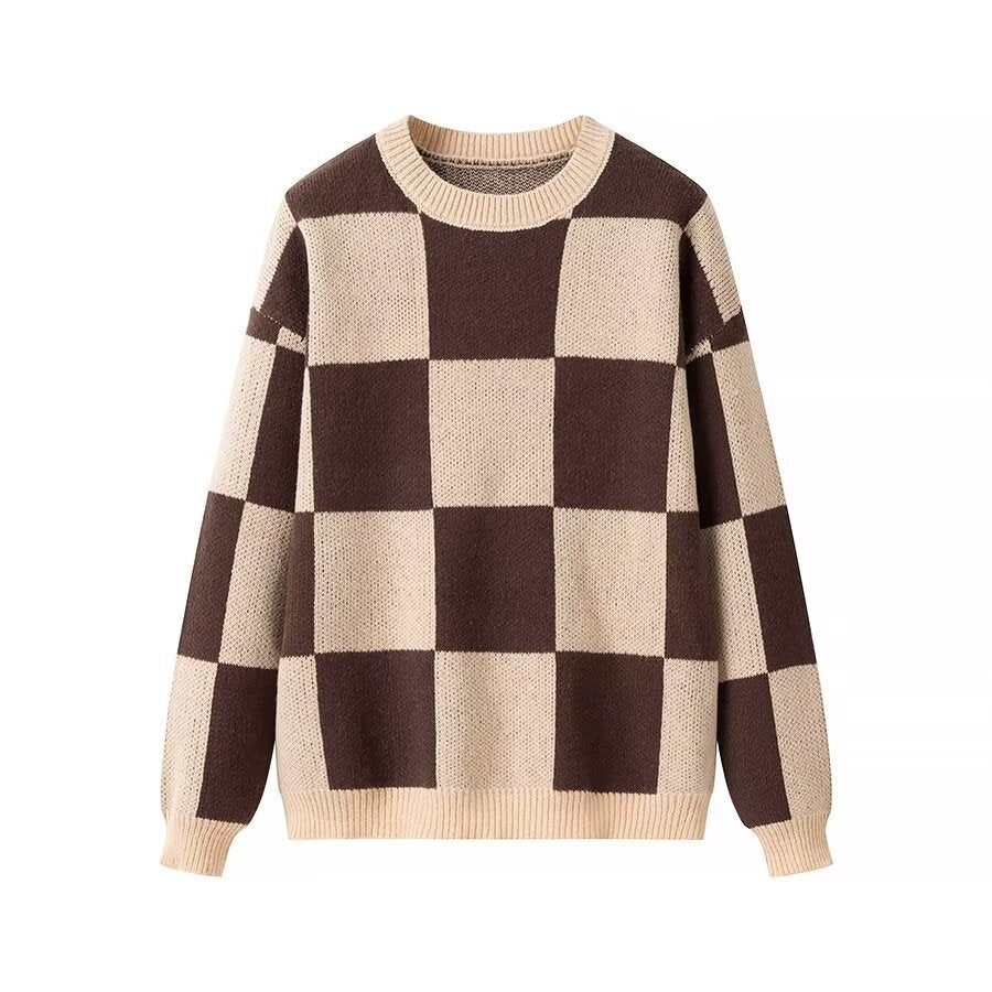 Women's Oversize Knitted Sweater with Distinctive Check Pattern and Ribbed Finishes Fashion Glam