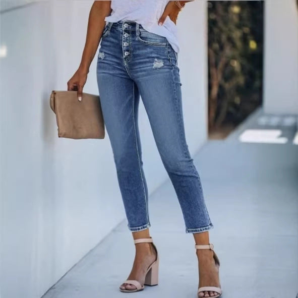 Women's High-Waisted Slim Jeans with Visible Button Placket and Ankle-Length Fit Fashion Glam