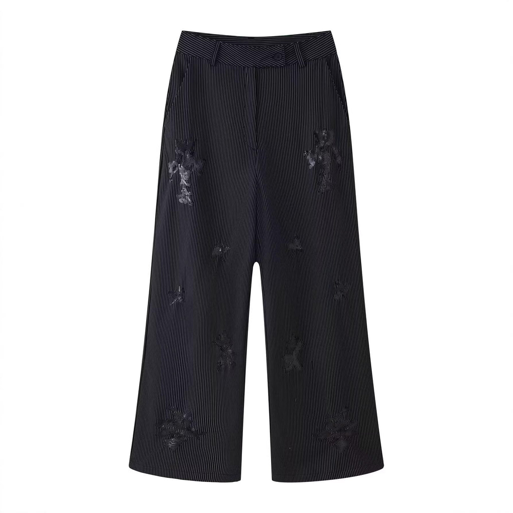 Women's High-Waisted Wide Marlene Trousers with Pinstripes and Sequin Embroidery Fashion Glam