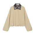 Women's Oversize Boxy Jacket with Check Pattern, Faux Leather Lapel and Drawstring Hem Fashion Glam