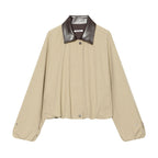 Women's Oversize Boxy Jacket with Check Pattern, Faux Leather Lapel and Drawstring Hem Fashion Glam