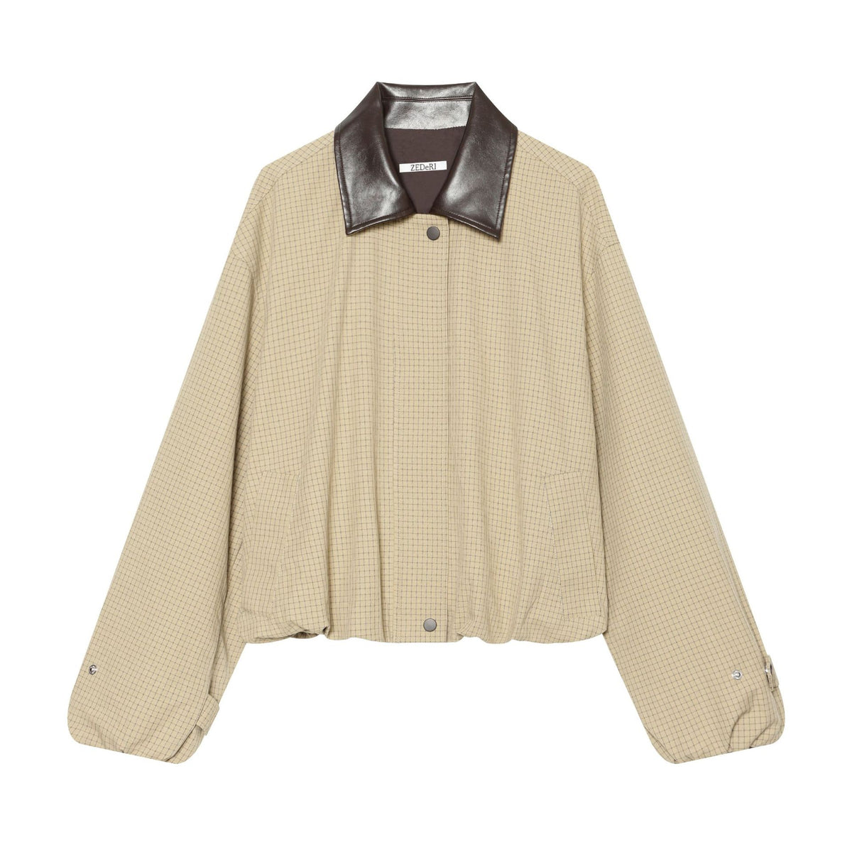 Women's Oversize Boxy Jacket with Check Pattern, Faux Leather Lapel and Drawstring Hem Fashion Glam