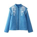 Women Quilted Linen Look Stand Collar Jacket with Folk Chest Embroidery & Patch Pockets Fashion Glam