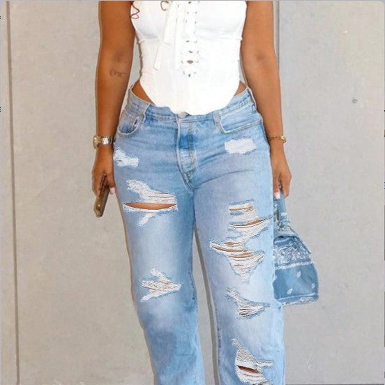 Women High-Waisted Relaxed-Fit Straight Jeans with pronounced Destroyed Details Fashion Glam