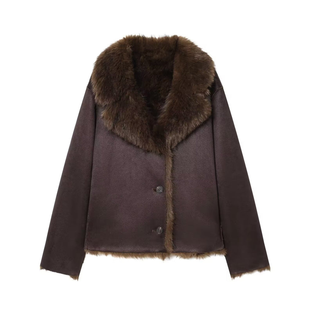 Women's Cropped Wool Blend Blouson with Voluminous Faux Fur Collar Fashion Glam