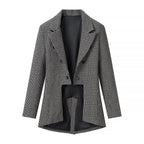 Women Houndstooth Blazer Inspired by Morning Coat with Cutaway Hem and Double-Breasted Button Placket Fashion Glam