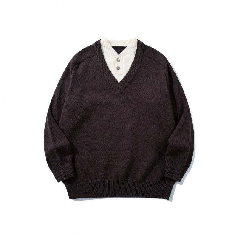 Men's V-neck sweater with integrated Henley collar Fashion Glam