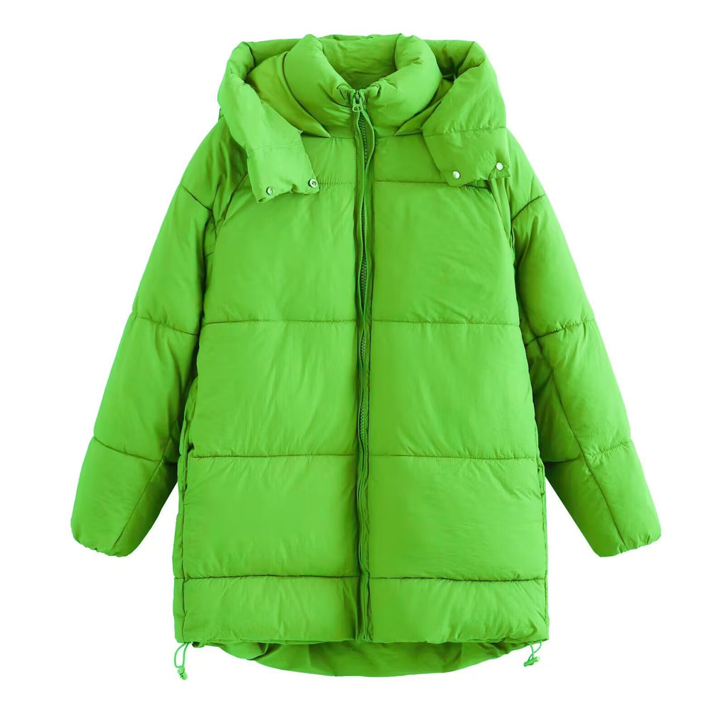 Women's Longer Quilted Down-Effect Coat with High Collar, Hood and Drawstring Fashion Glam