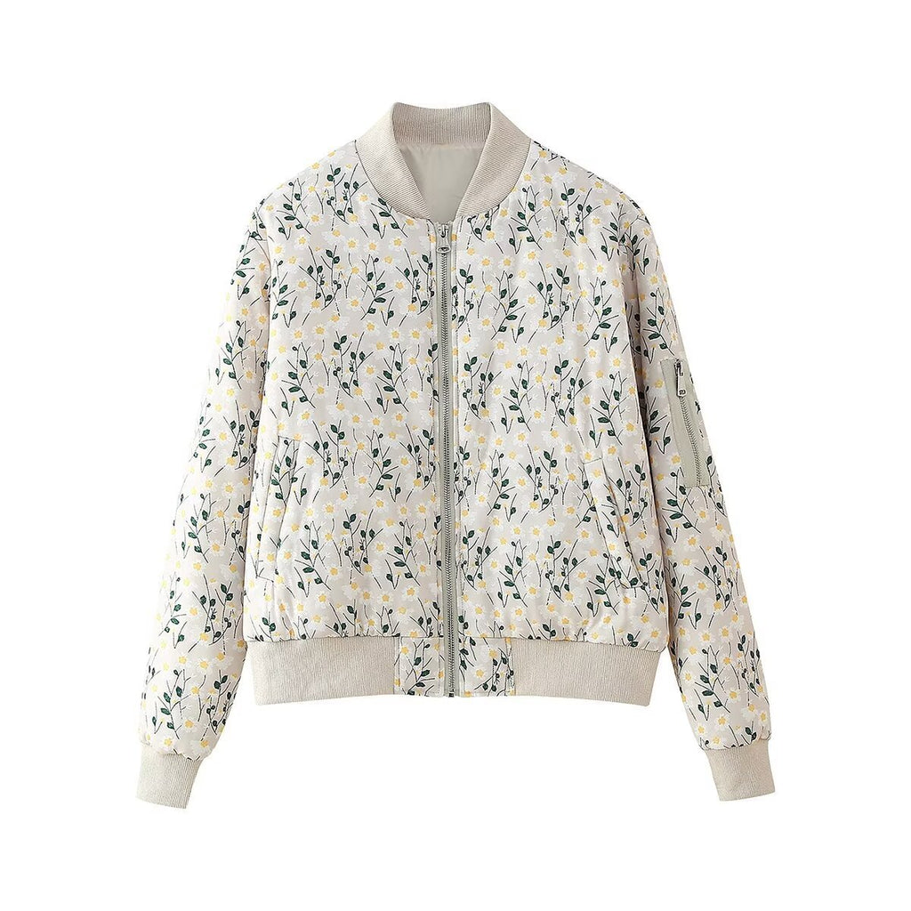 Women's lightly padded quilted bomber jacket with floral all-over print and ribbed cuffs Fashion Glam