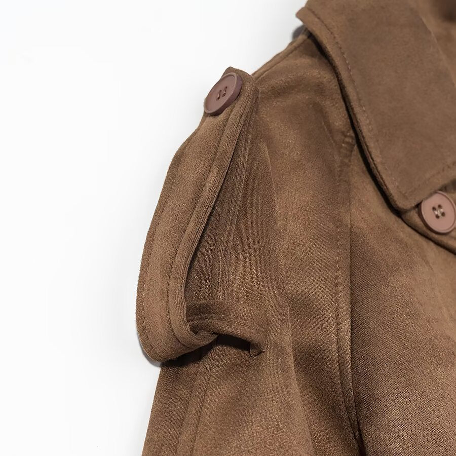 Women Longer tailored double-breasted wool blend trench coat with belt and shawl collar Fashion Glam