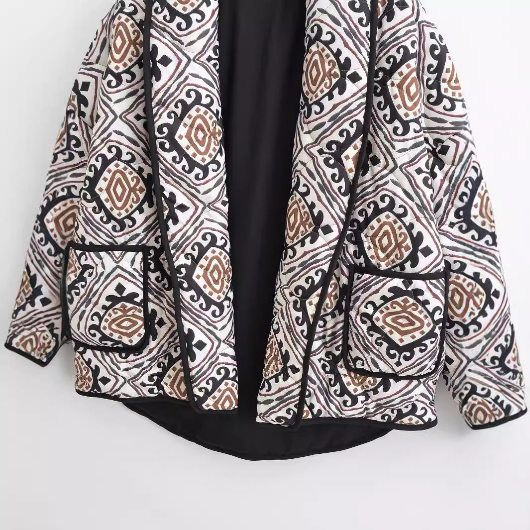Women's Oversize Quilted Short Jacket in Kimono Style with Ethno Pattern Fashion Glam