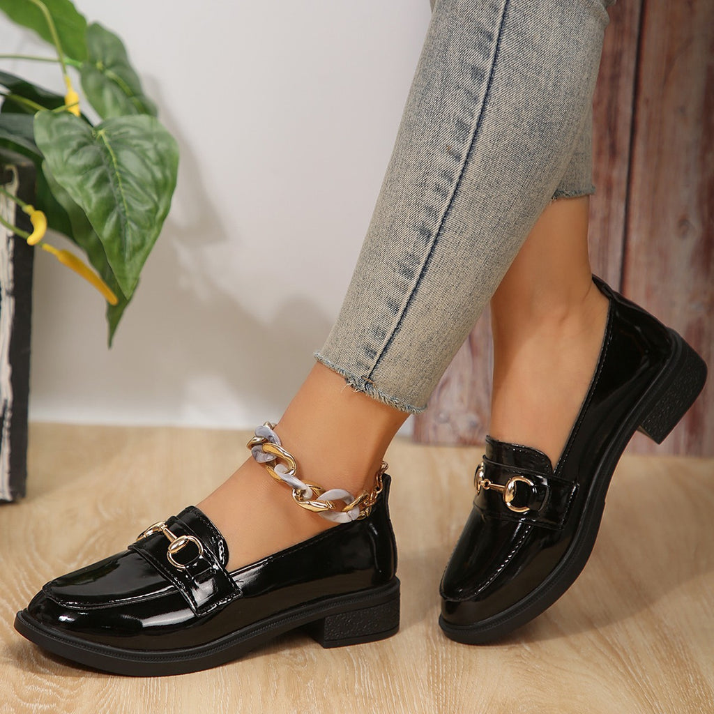 Ladies Patent Leather Platform Loafer with Gold Horsebit Detail and Low Block Heel Fashion Glam