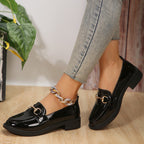 Ladies Patent Leather Platform Loafer with Gold Horsebit Detail and Low Block Heel Fashion Glam