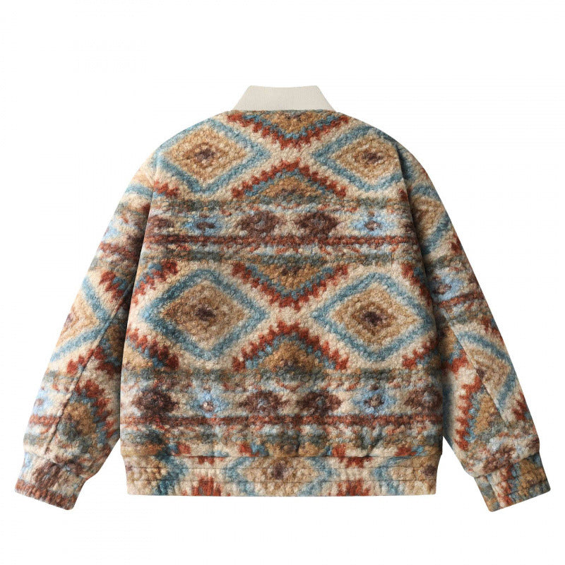 Unisex Boxy Fleece Bomber Jacket with Aztec Pattern and Zipper Fashion Glam