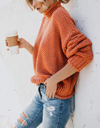 Women chunky knit sweater with stand-up collar, block stripes and oversized fit Fashion Glam