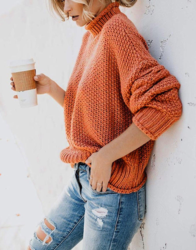 Women chunky knit sweater with stand-up collar, block stripes and oversized fit Fashion Glam