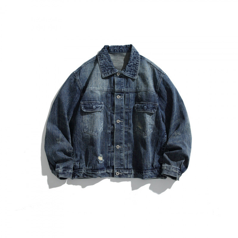 Men's Oversize Vintage Denim Jacket with Used Effect and Chest Pockets Fashion Glam