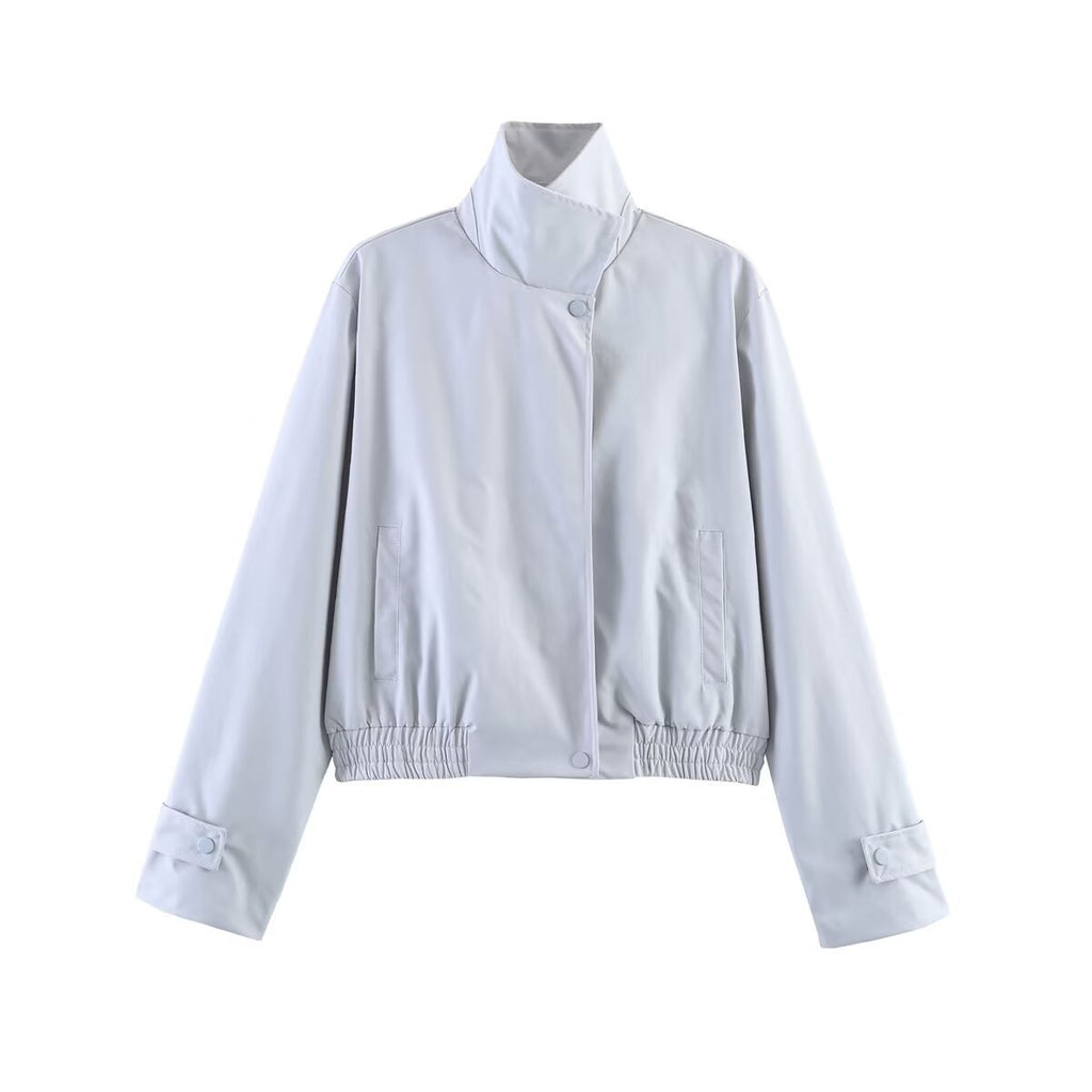 Women’s short-cut minimalist blouson jacket made of soft vegan leather with a lapel collar and elastic hem Fashion Glam