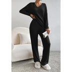 Women Cozy Ribbed Knit Loungewear Set with V-Neck and Wide Leg Fashion Glam
