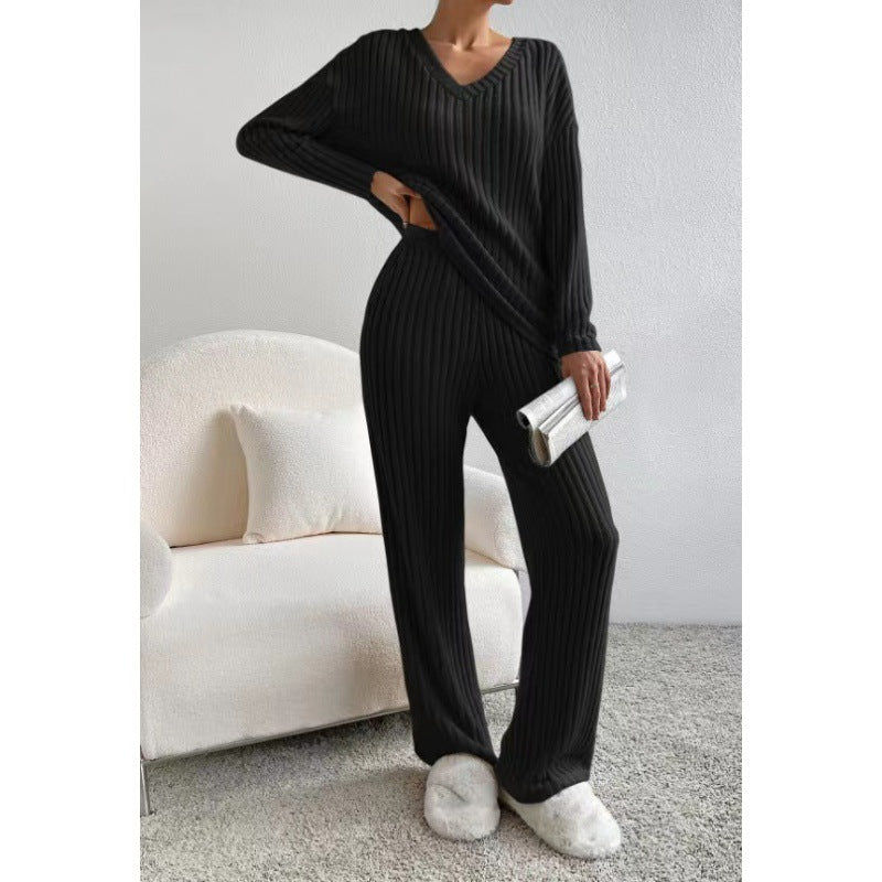 Women Cozy Ribbed Knit Loungewear Set with V-Neck and Wide Leg Fashion Glam