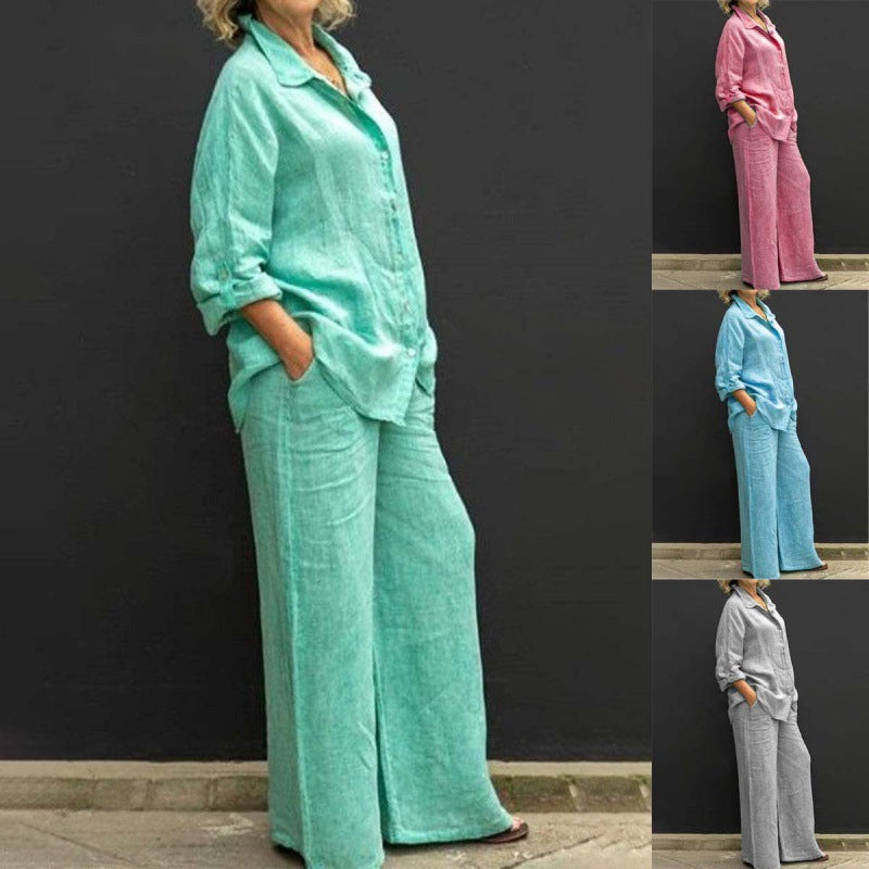 Women's Relaxed-Buttondown-Shirt and High-Waist-Palazzo in Linen Look Fashion Glam