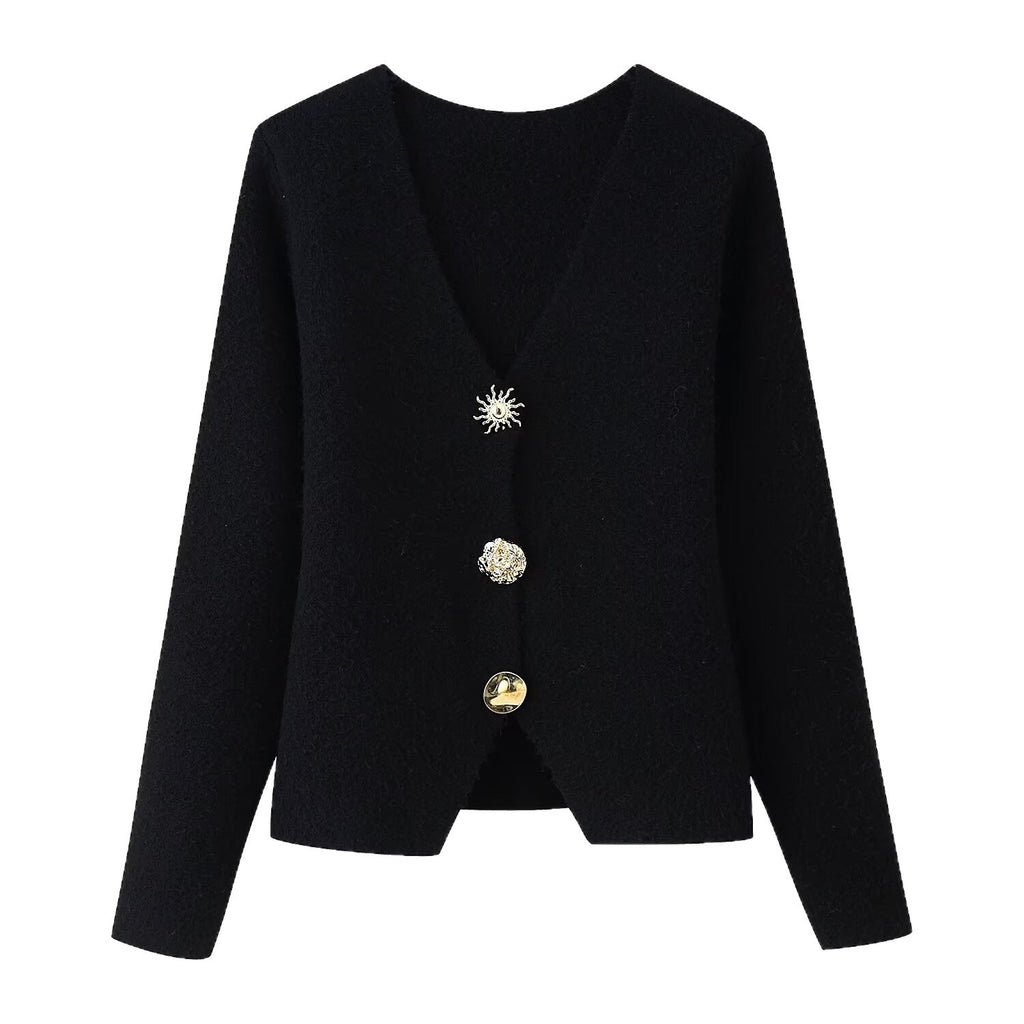 Ladies Elegant Short Cardigan made of Boucle knit with deep V-neck and decorative jeweled button placket Fashion Glam