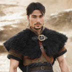Men's short shoulder cape made of faux fur with adjustable leather strap and decorative clasp Fashion Glam