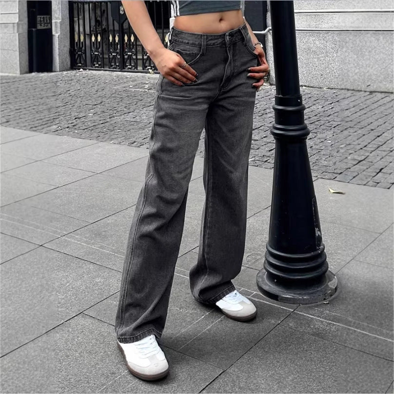 Ladies Wide High-Waist Denim Pants with Straight Leg and Vintage Stitching Fashion Glam