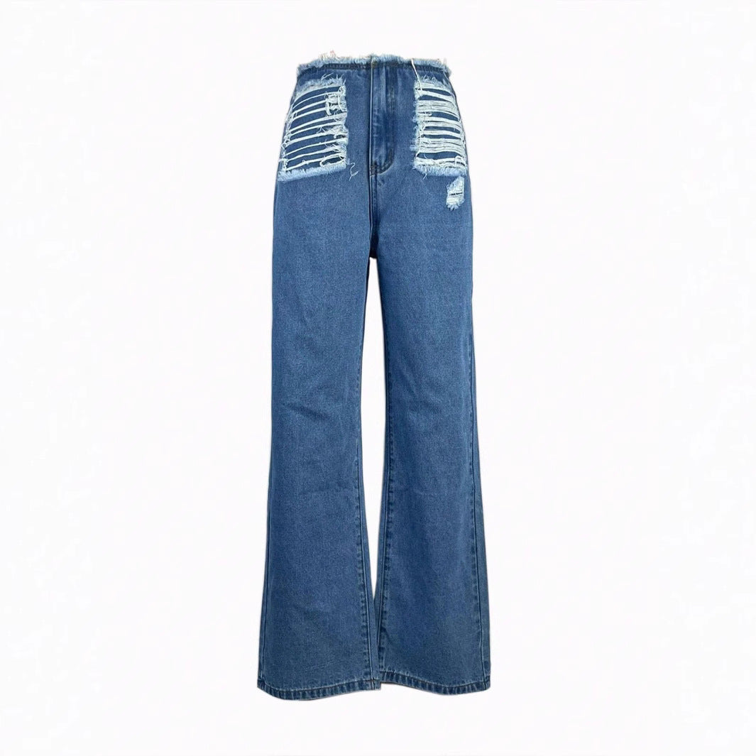 Women's high-cut wide denim jeans with heavily distressed front and raw waistband Fashion Glam