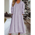 Ladies maxi dress made of teddy fleece with hood, V-neck and side pockets Fashion Glam