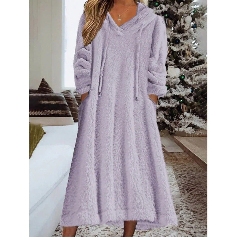 Ladies maxi dress made of teddy fleece with hood, V-neck and side pockets Fashion Glam